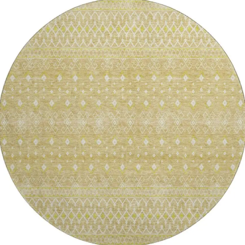 8' Gold And Ivory Tribal Washable Round Rug With UV Protection Photo 3