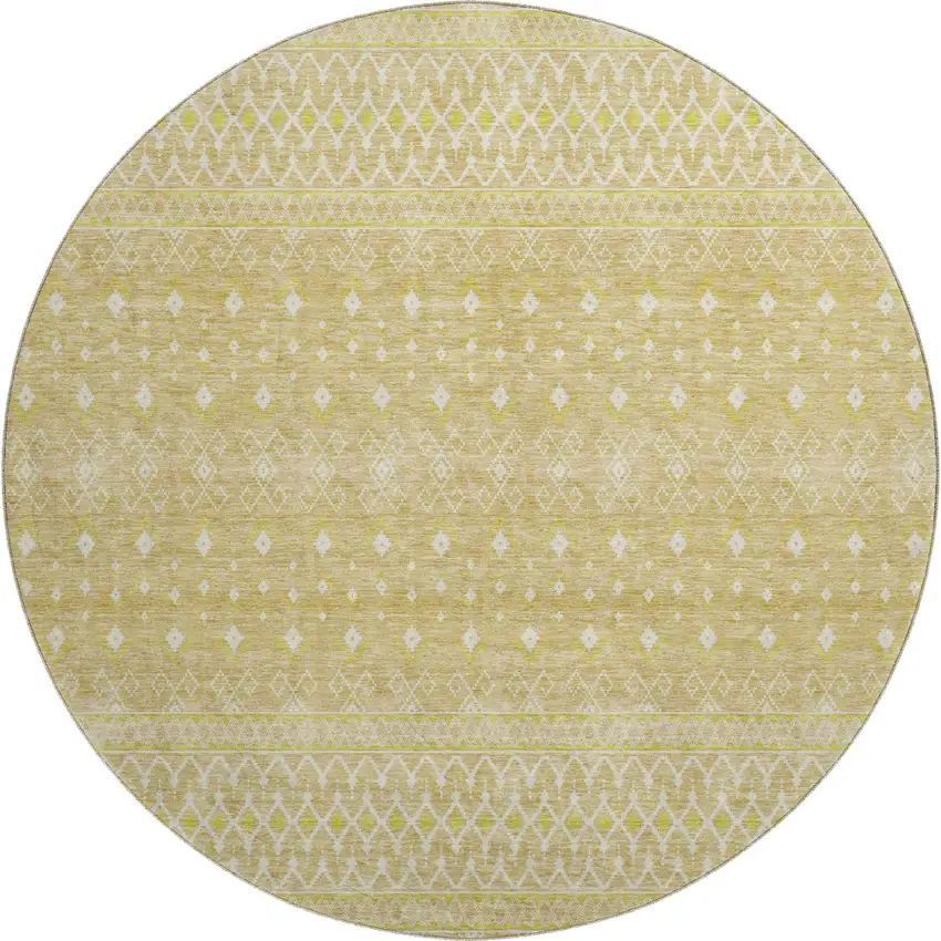 8' Gold And Ivory Tribal Washable Round Rug With UV Protection Photo 1