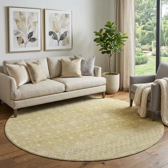 8' Gold And Ivory Tribal Washable Round Rug With UV Protection Photo 1