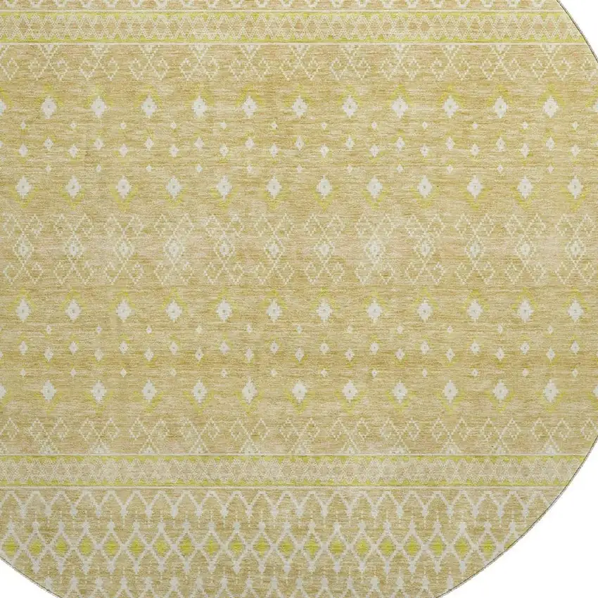 8' Gold And Ivory Tribal Washable Round Rug With UV Protection Photo 4
