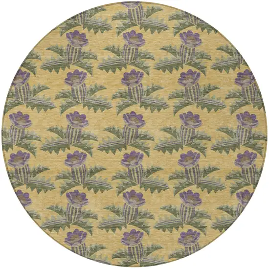 8' Gold And Khaki Round Floral Washable Indoor Outdoor Area Rug Photo 3