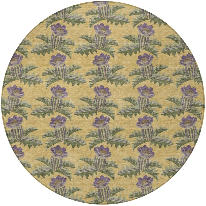 8' Gold And Khaki Round Floral Washable Indoor Outdoor Area Rug Photo 3