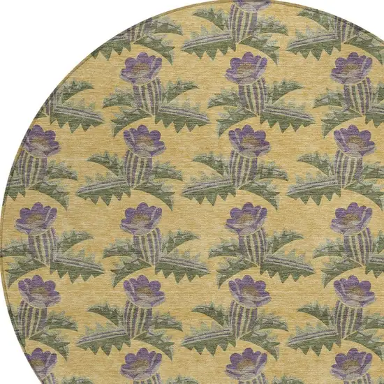 8' Gold And Khaki Round Floral Washable Indoor Outdoor Area Rug Photo 4