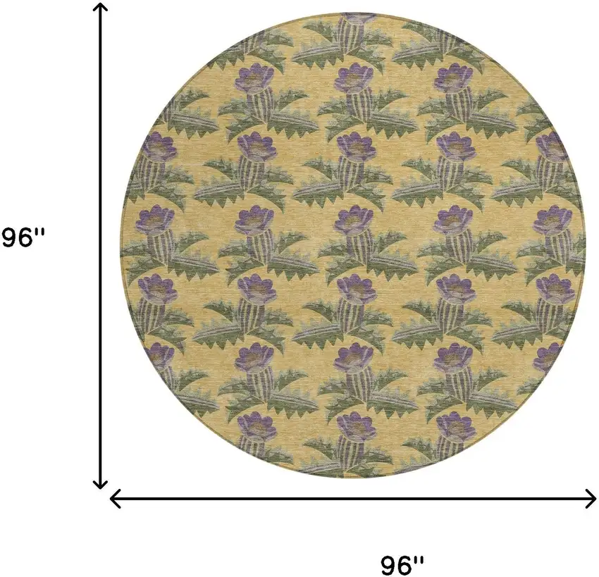 8' Gold And Khaki Round Floral Washable Indoor Outdoor Area Rug Photo 8