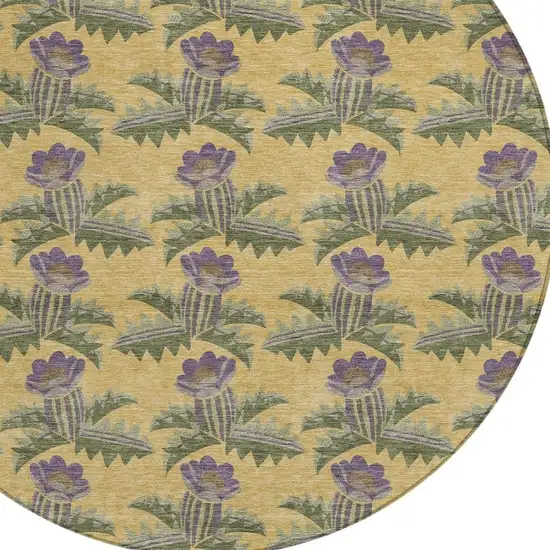 8' Gold And Khaki Round Floral Washable Indoor Outdoor Area Rug Photo 5