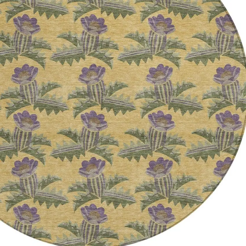 8' Gold And Khaki Round Floral Washable Indoor Outdoor Area Rug Photo 5