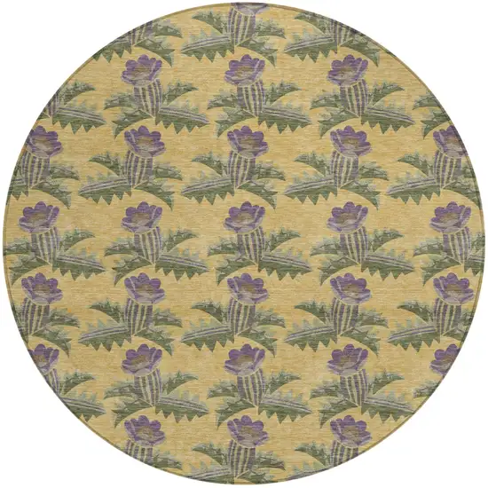 8' Gold And Khaki Round Floral Washable Indoor Outdoor Area Rug Photo 2