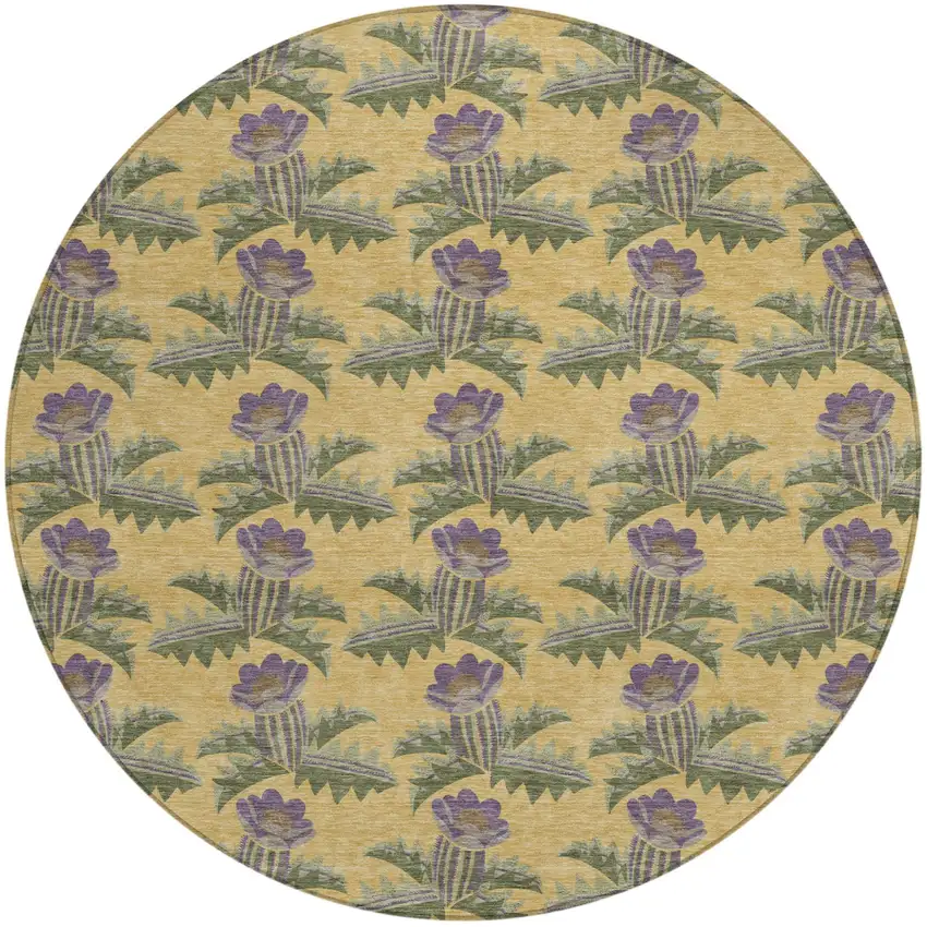 8' Gold And Khaki Round Floral Washable Indoor Outdoor Area Rug Photo 2