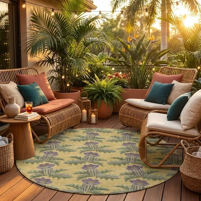 8' Gold And Khaki Round Floral Washable Indoor Outdoor Area Rug Photo 1