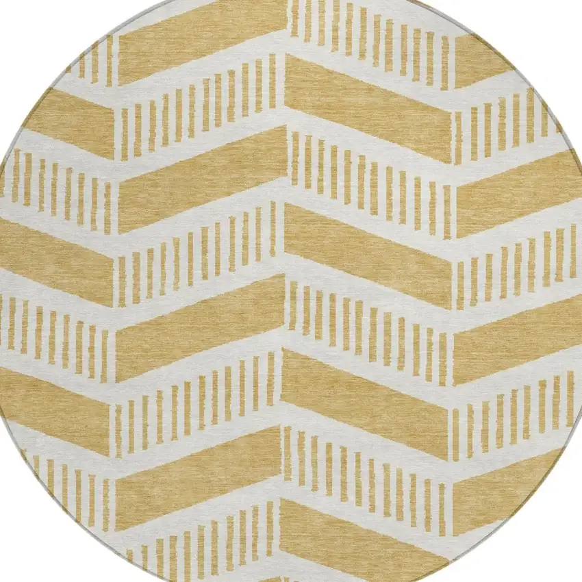 8' Gold And Linen Round Geometric Washable Indoor Outdoor Area Rug Photo 2