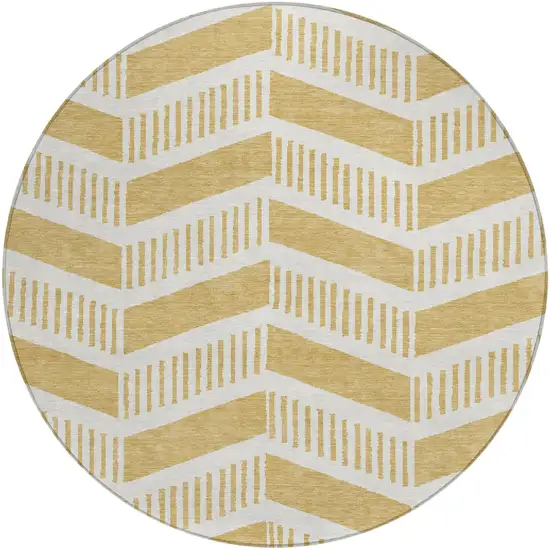 8' Gold And Linen Round Geometric Washable Indoor Outdoor Area Rug Photo 1
