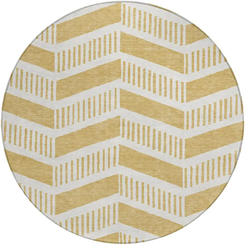 8' Gold And Linen Round Geometric Washable Indoor Outdoor Area Rug Photo 1