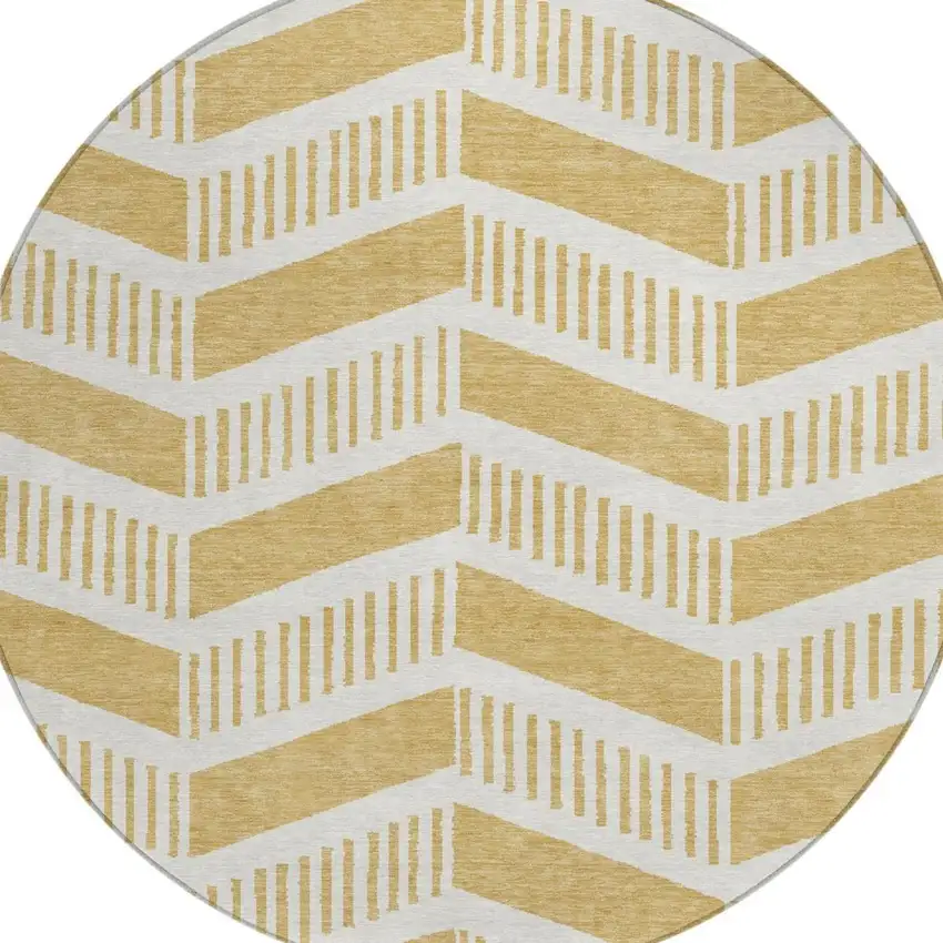 8' Gold And Linen Round Geometric Washable Indoor Outdoor Area Rug Photo 3