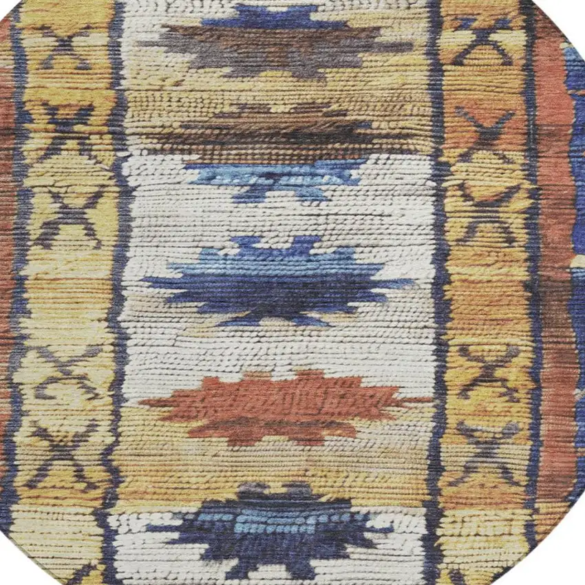 8' Gold And Navy Blue Round Tribal Washable Indoor Outdoor Area Rug Photo 4