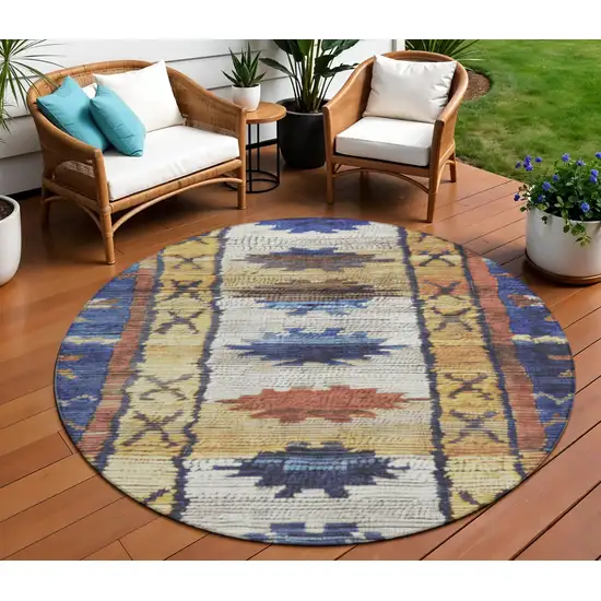 8' Gold And Navy Blue Round Tribal Washable Indoor Outdoor Area Rug Photo 2
