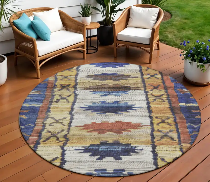 8' Gold And Navy Blue Round Tribal Washable Indoor Outdoor Area Rug Photo 2