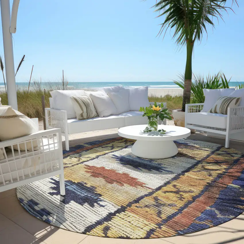 8' Gold And Navy Blue Round Tribal Washable Indoor Outdoor Area Rug Photo 5