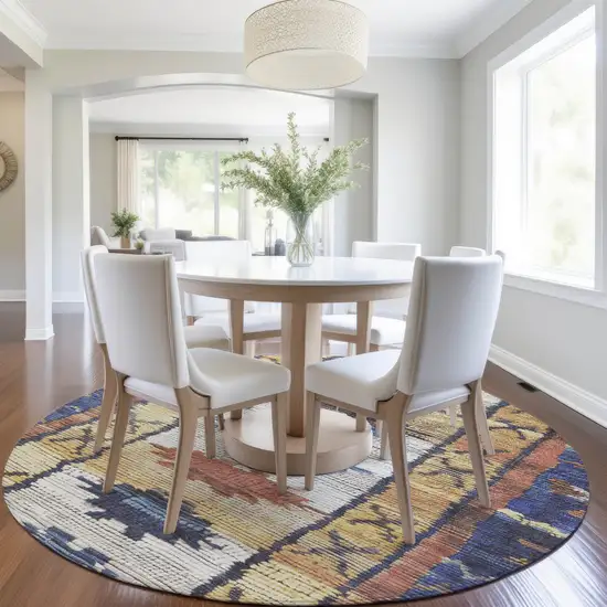 8' Gold And Navy Blue Round Tribal Washable Indoor Outdoor Area Rug Photo 6