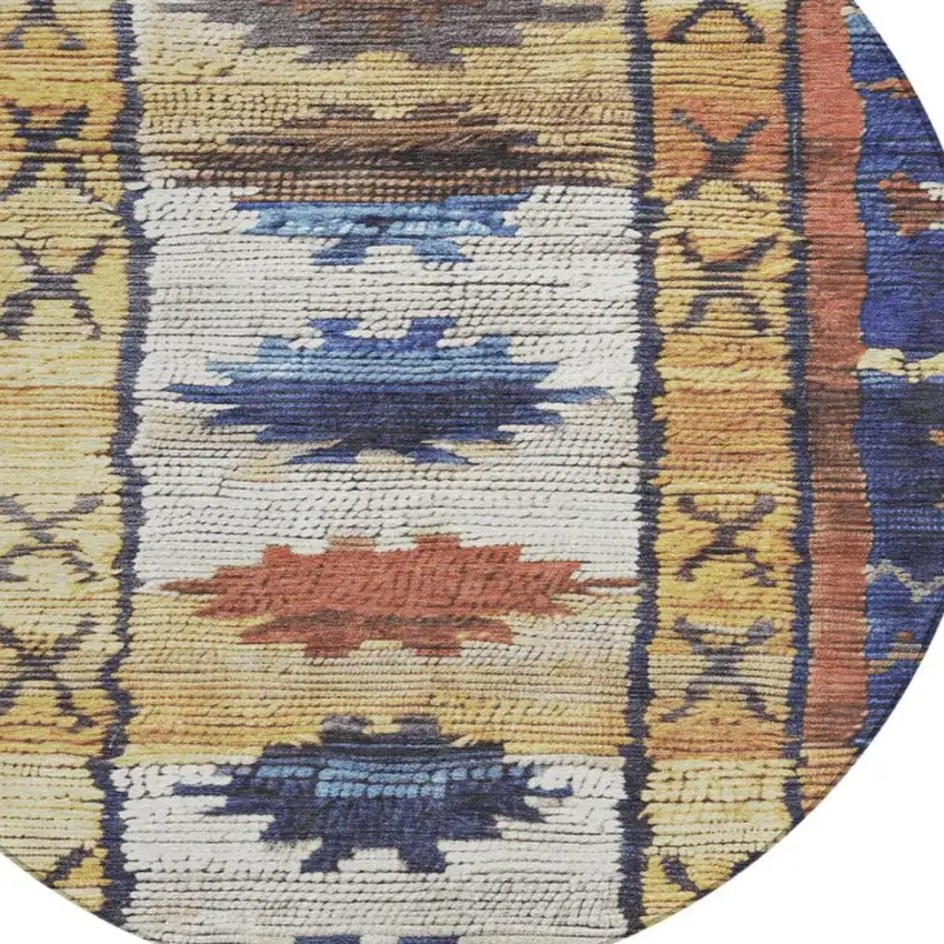 8' Gold And Navy Blue Round Tribal Washable Indoor Outdoor Area Rug Photo 8