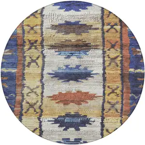 Photo of 8' Gold And Navy Blue Round Tribal Washable Indoor Outdoor Area Rug