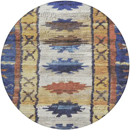 8' Gold And Navy Blue Round Tribal Washable Indoor Outdoor Area Rug Photo 1