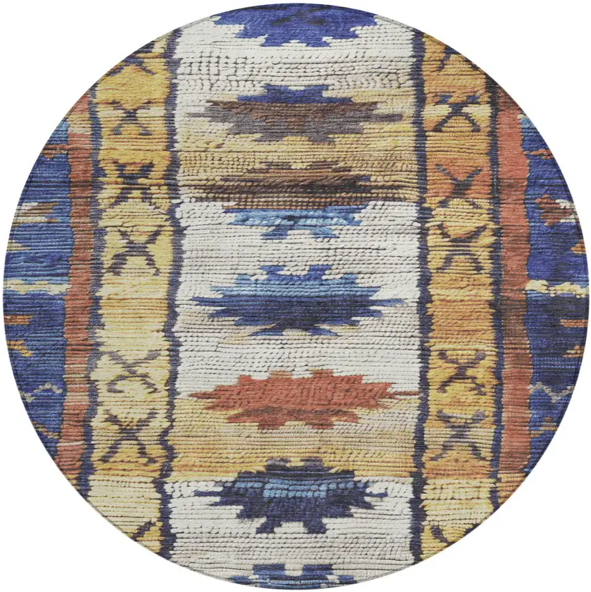 8' Gold And Navy Blue Round Tribal Washable Indoor Outdoor Area Rug Photo 1