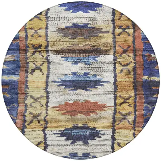 8' Gold And Navy Blue Round Tribal Washable Indoor Outdoor Area Rug Photo 3