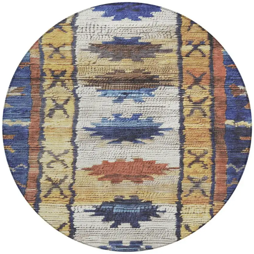 8' Gold And Navy Blue Round Tribal Washable Indoor Outdoor Area Rug Photo 3