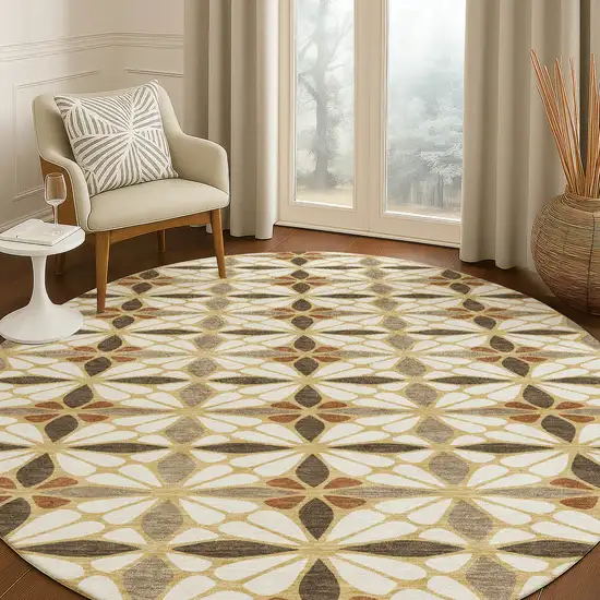 8' Gold And Orange Round Geometric Washable Indoor Outdoor Area Rug Photo 5