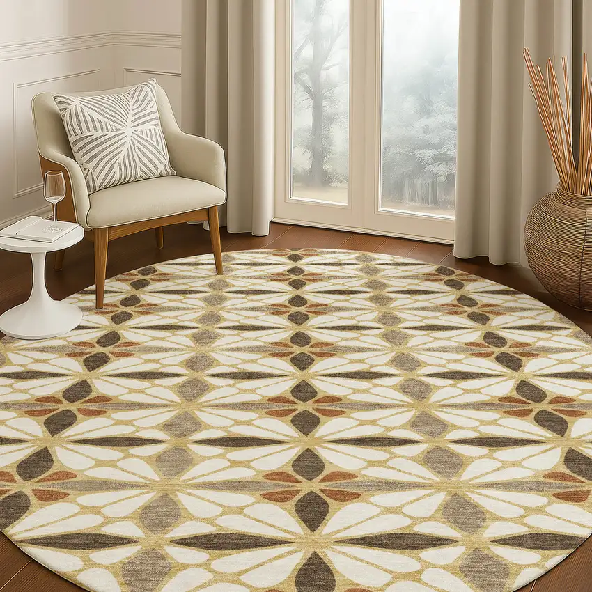 8' Gold And Orange Round Geometric Washable Indoor Outdoor Area Rug Photo 5