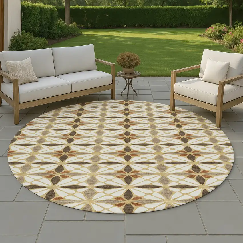 8' Gold And Orange Round Geometric Washable Indoor Outdoor Area Rug Photo 4