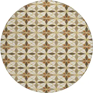 Photo of 8' Gold And Orange Round Geometric Washable Indoor Outdoor Area Rug