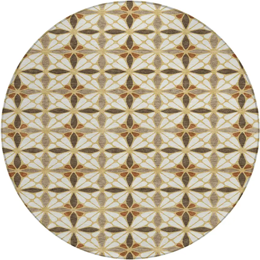8' Gold And Orange Round Geometric Washable Indoor Outdoor Area Rug Photo 1