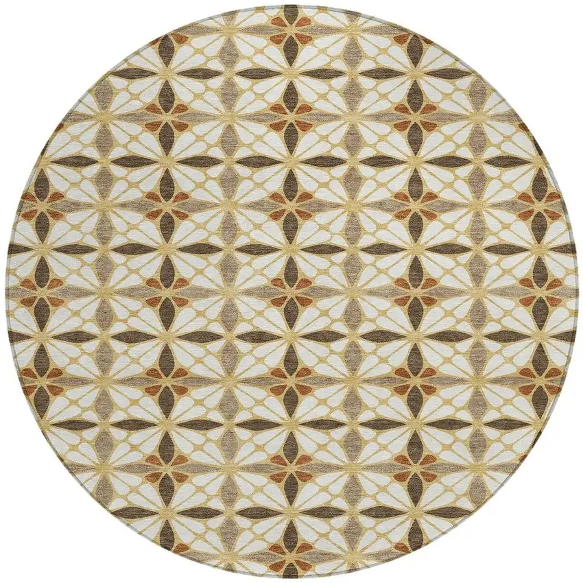 8' Gold And Orange Round Geometric Washable Indoor Outdoor Area Rug Photo 2