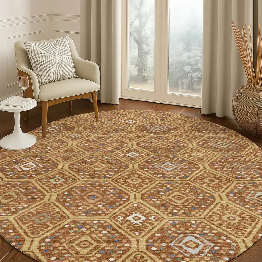 8' Gold And Orange Round Geometric Washable Indoor Outdoor Area Rug Photo 5