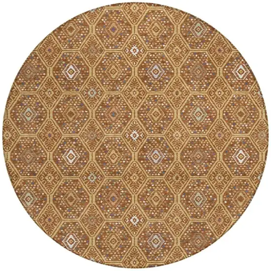 8' Gold And Orange Round Geometric Washable Indoor Outdoor Area Rug Photo 3