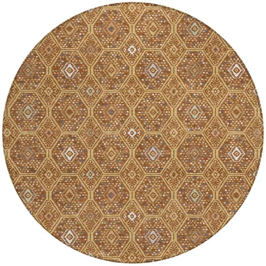 8' Gold And Orange Round Geometric Washable Indoor Outdoor Area Rug Photo 3