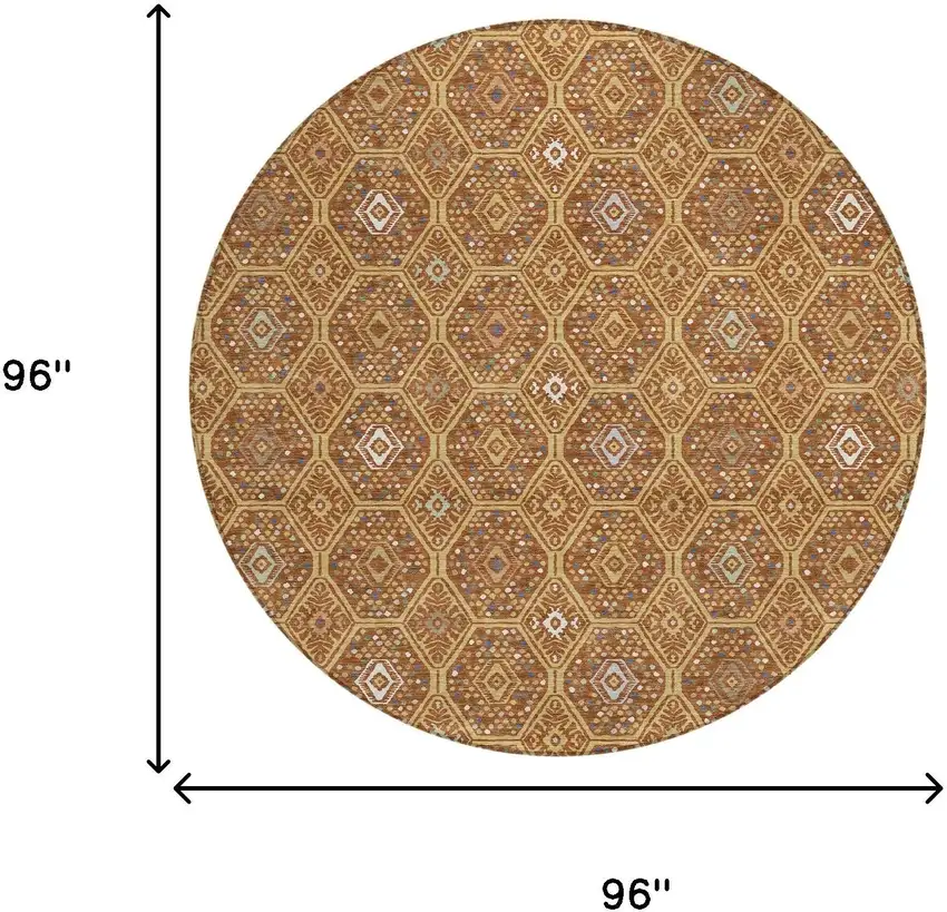 8' Gold And Orange Round Geometric Washable Indoor Outdoor Area Rug Photo 8