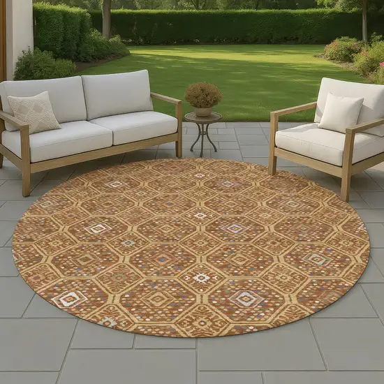 8' Gold And Orange Round Geometric Washable Indoor Outdoor Area Rug Photo 4