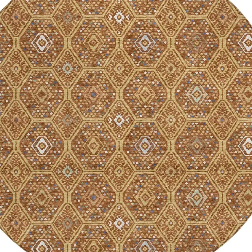 8' Gold And Orange Round Geometric Washable Indoor Outdoor Area Rug Photo 2
