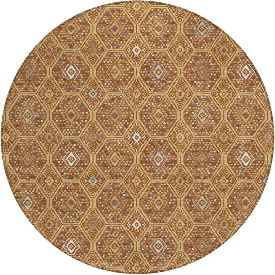 8' Gold And Orange Round Geometric Washable Indoor Outdoor Area Rug Photo 1