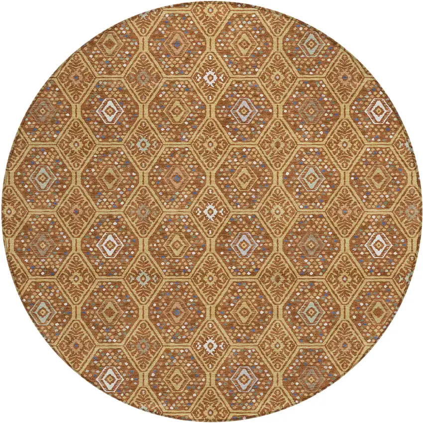 8' Gold And Orange Round Geometric Washable Indoor Outdoor Area Rug Photo 1