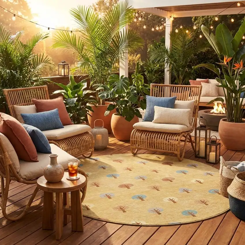 8' Gold And Orange Round Geometric Washable Indoor Outdoor Area Rug Photo 1