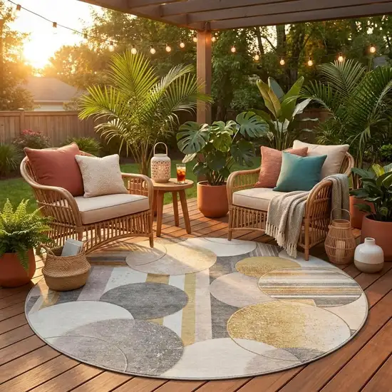 8' Gold And Pewter Round Geometric Washable Indoor Outdoor Area Rug Photo 1