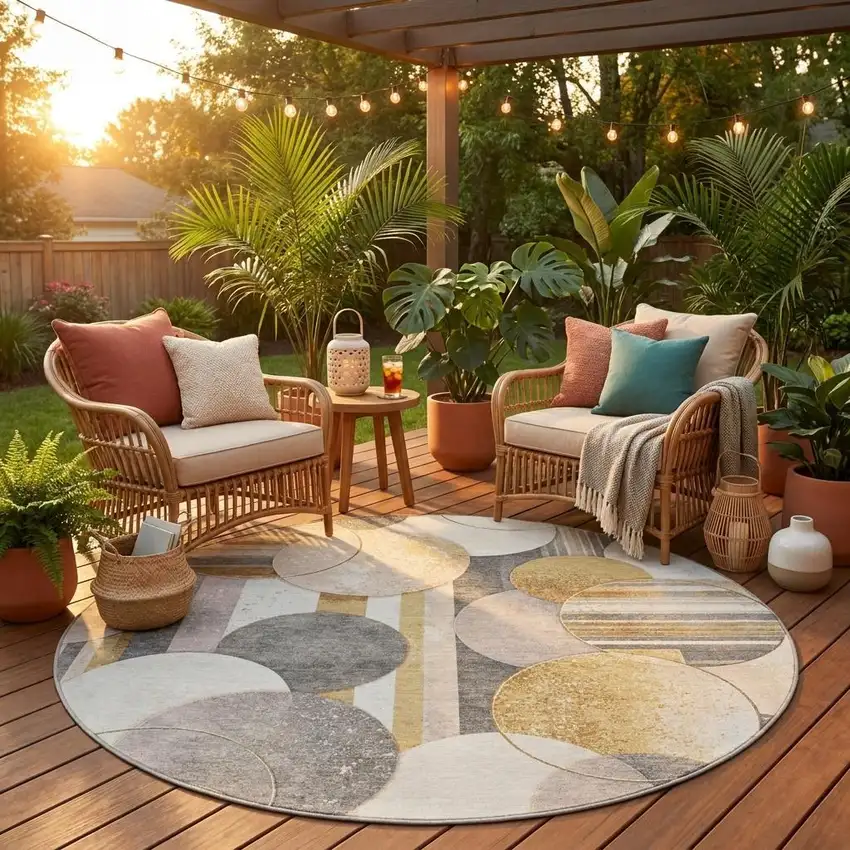 8' Gold And Pewter Round Geometric Washable Indoor Outdoor Area Rug Photo 1