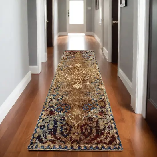 8' Gold And Red Oriental Runner Rug Photo 1