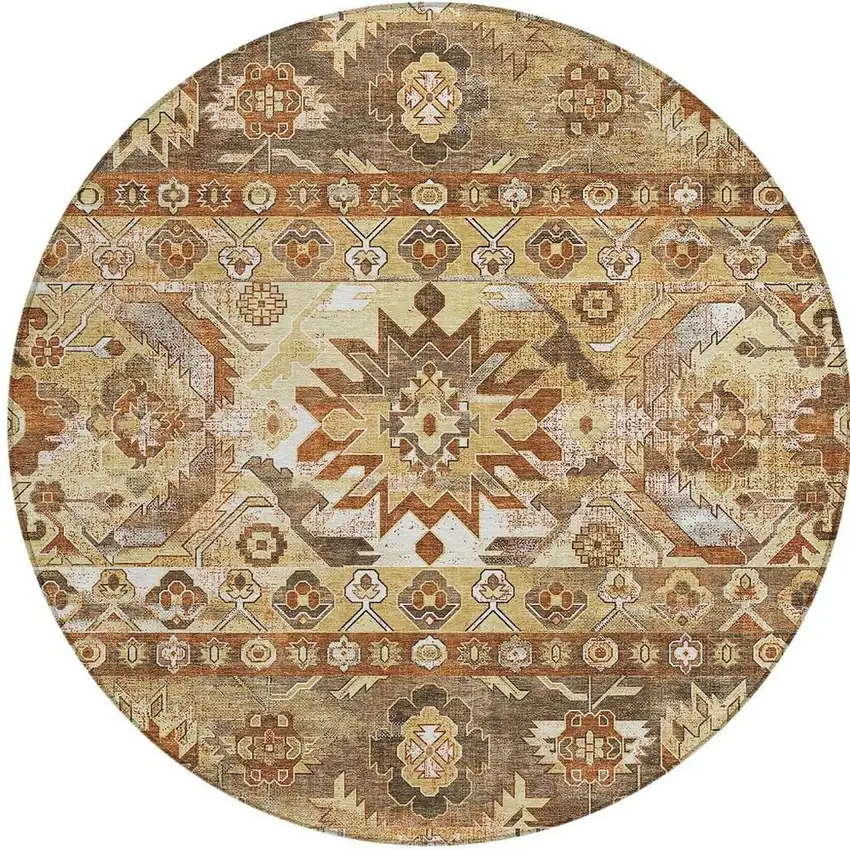 8' Gold And Saffron Round Cactus Washable Indoor Outdoor Area Rug Photo 3