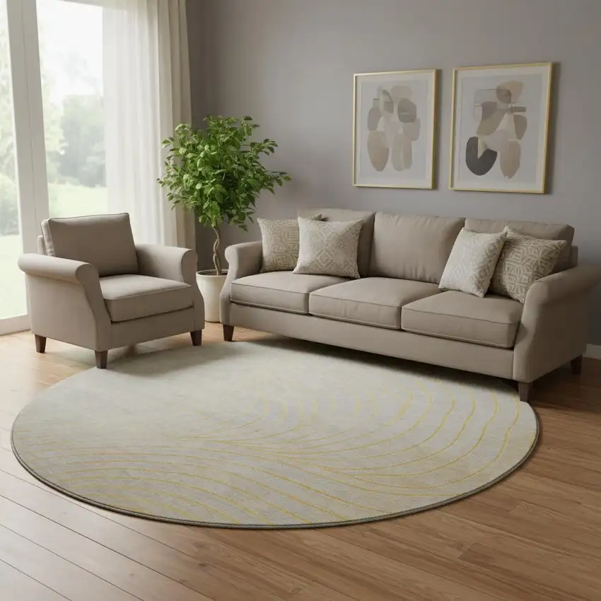 8' Gold And Silver Abstract Washable Round Rug With UV Protection Photo 2