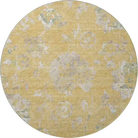 8' Gold And Silver Floral Washable Round Rug With UV Protection Photo 4