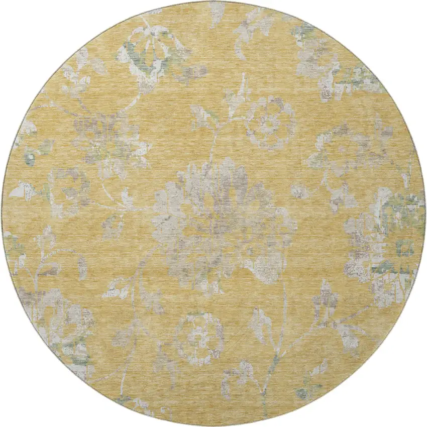 8' Gold And Silver Floral Washable Round Rug With UV Protection Photo 4